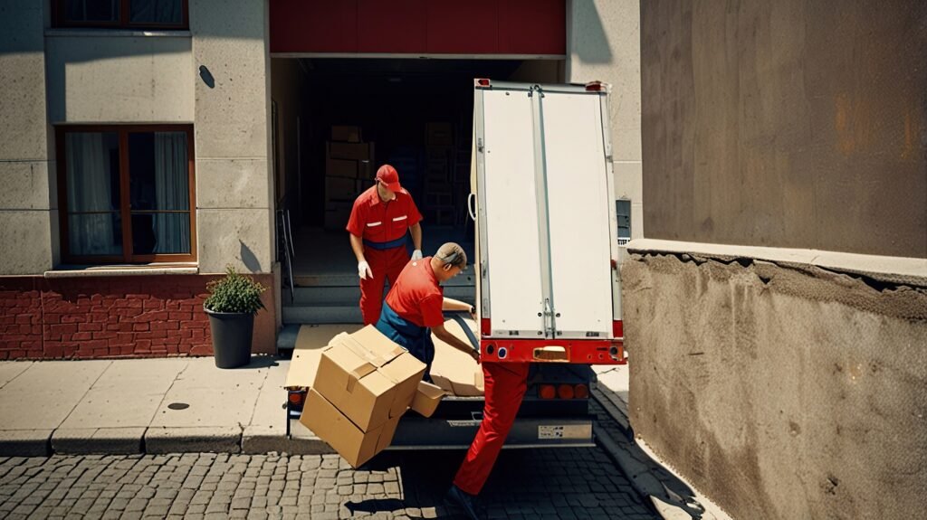 Deux livreurs en uniforme rouge déchargeant des cartons pour un déménagement à Beloeil.