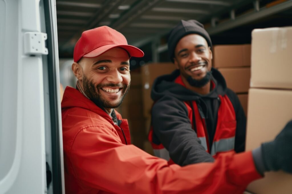 Deux travailleurs déchargeant des cartons pour un déménagement à Repentigny